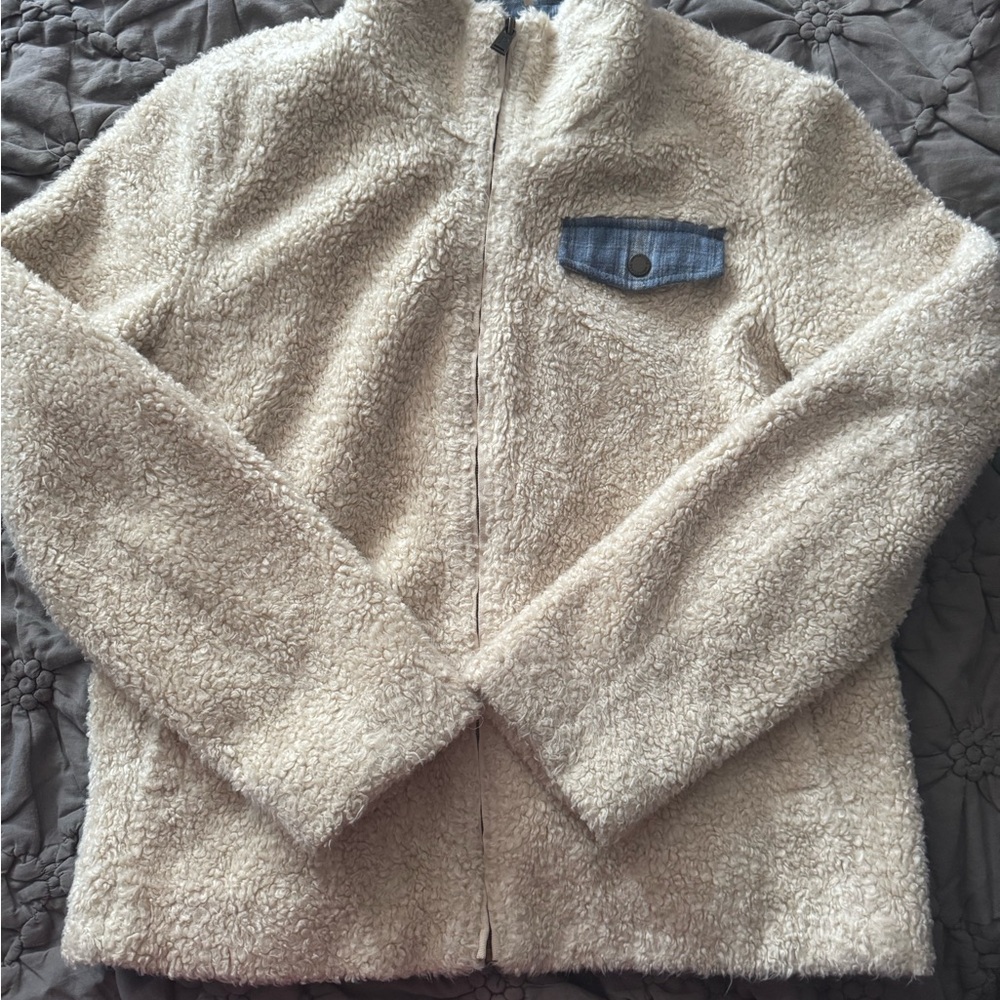 Pendleton Sherpa Fleece Jacket L Beige Zip Up Coat Plaid Pocket Trim Wool Blend
